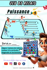 Le puissance 4 version sport grandeur nature est un jeu de relais sans contact qui se pratique aussi bien en extérieur qu’en intérieur. Le but ? Courir et aligner ses jetons à la vertical, diagonal et horizontal