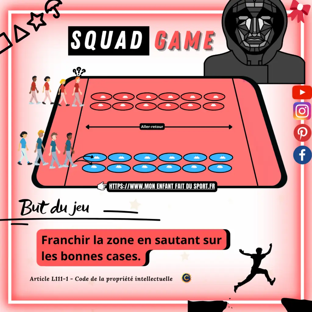 Le jeu sportif "Squad Game" est un jeu amusant inspiré de la célèbre série Squid Game. Le but du jeu est de traverser la zone sans tomber dans l'eau imaginaire en sautant sur les bonnes cases.
