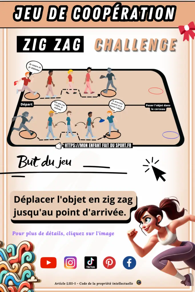 Le jeu du Zig Zag Challenge est un jeu de coopération. Le but du jeu est de déplacer l'objet en zig zag (slalomer) jusqu'au point d'arrivée.